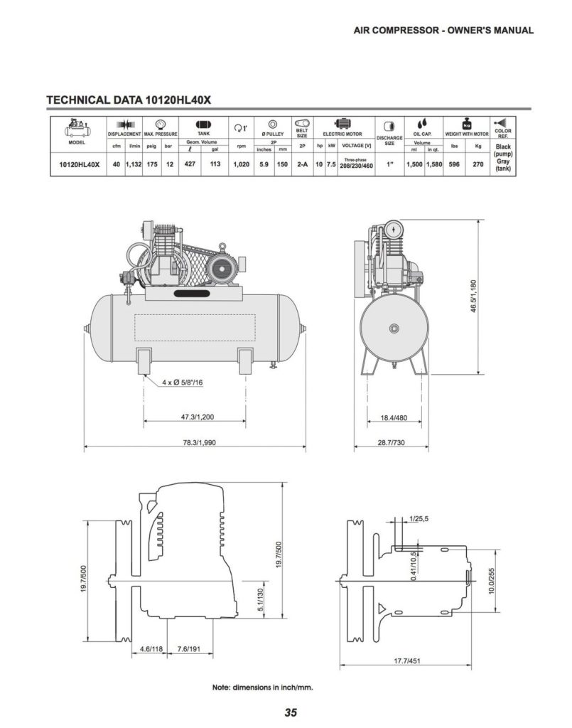 Schulz l-series 10-hp 120-gallon 230/460 volts only  3 phase two-stage 40 cfm 10120hl40x-3 - Image 2