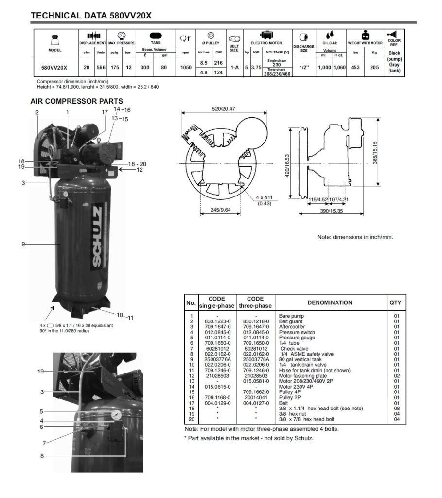 Schulz v-series 5hp 80 gallon-20 cfm- three phase 230/ 460 volts 3 ph two-stage air compressor  580vv20x-3 vertical - Image 2