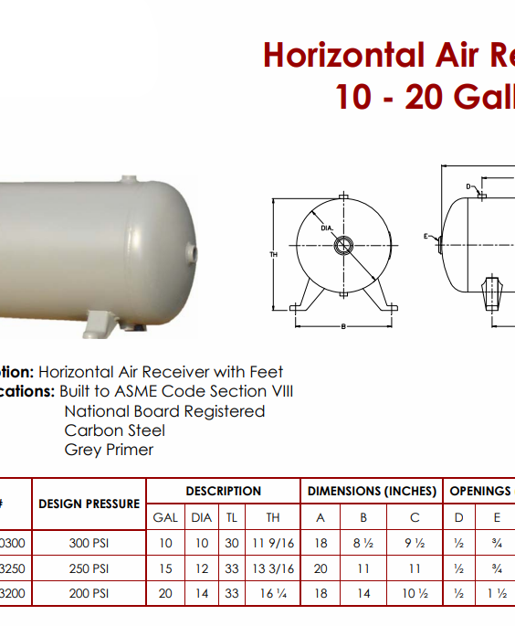 Horizontal Air Receivers 10 – 20 Gallons – SWING TECHNOLOGY LLC