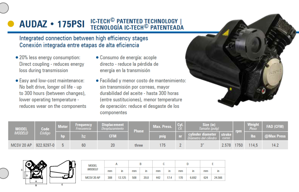 Schulz direct drive audaz  5hp 80-gallon two-stage air compressor-20 cfm - three phase 230 volts horizontal - Image 4